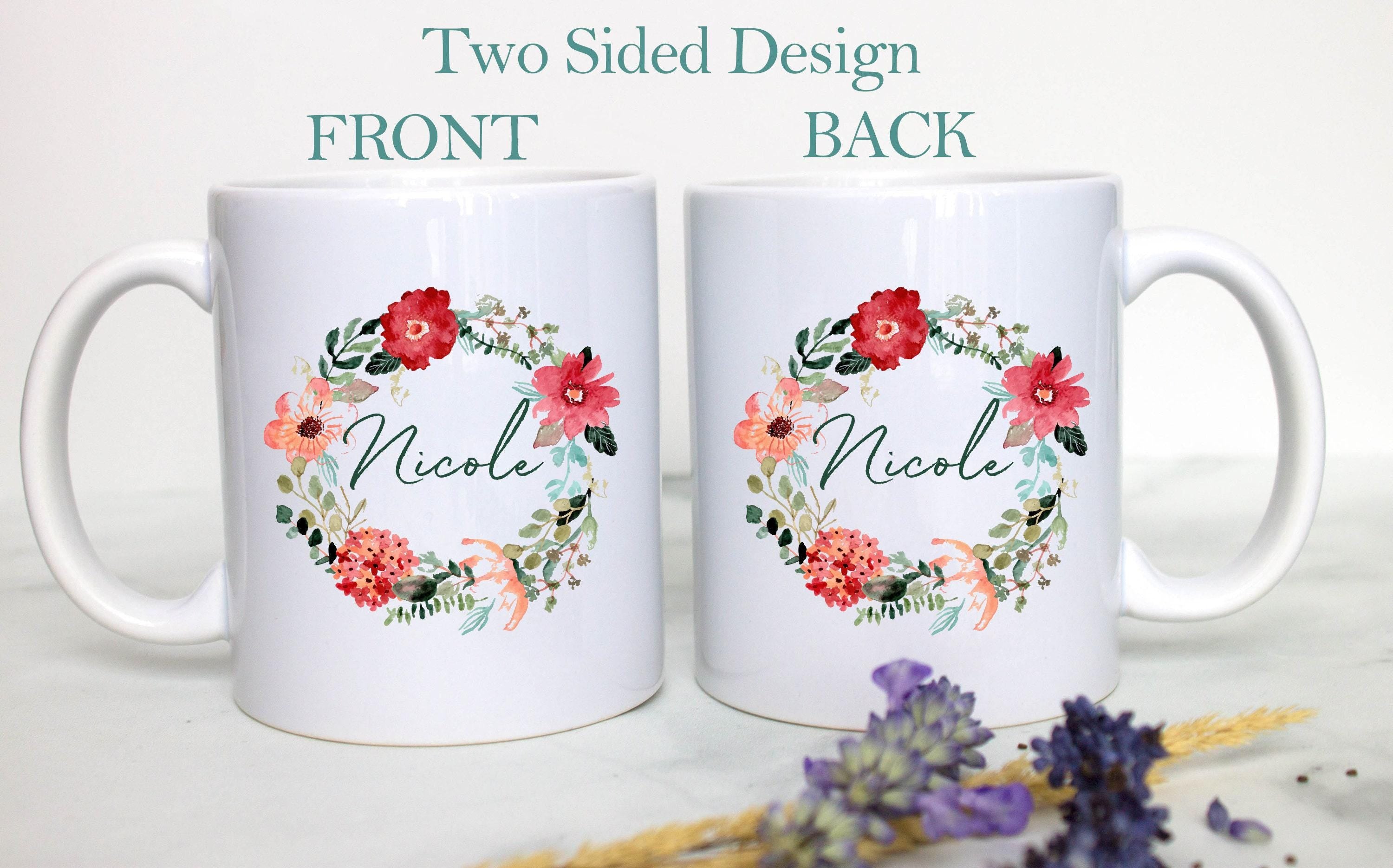 Red Floral Floral Wreath with Custom Name - White Ceramic Mug
