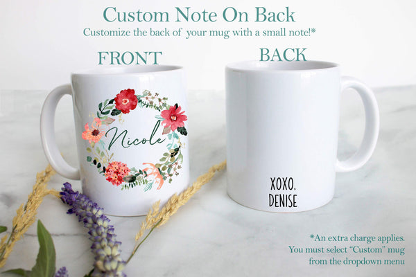 Red Floral Floral Wreath with Custom Name - White Ceramic Mug