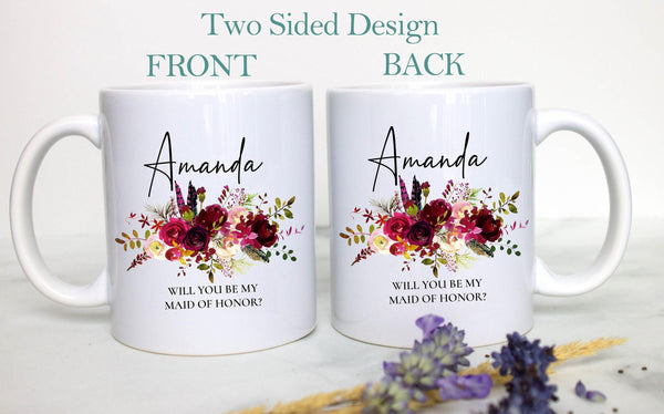 Burgundy Boho Floral Bridesmaid Custom Name With Date - White Ceramic Mug
