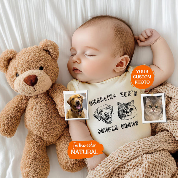 Custom Cuddle Buddy Bodysuit | Protected By Pets, Newborn Outfit, Gift for Baby, Dog Brother, Baby Announcement,Cat Portrait,New Best Friend