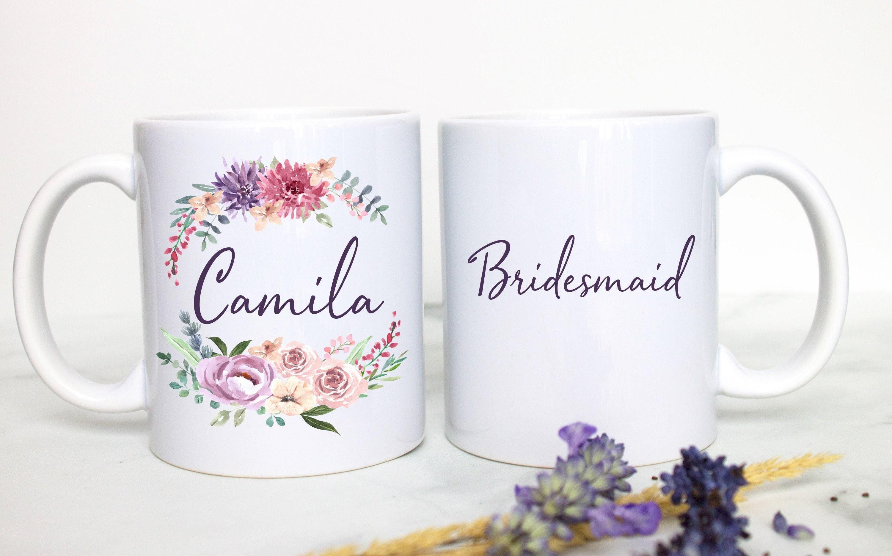 Purple Pink Floral Bridesmaid Custom Name - White Ceramic Mug