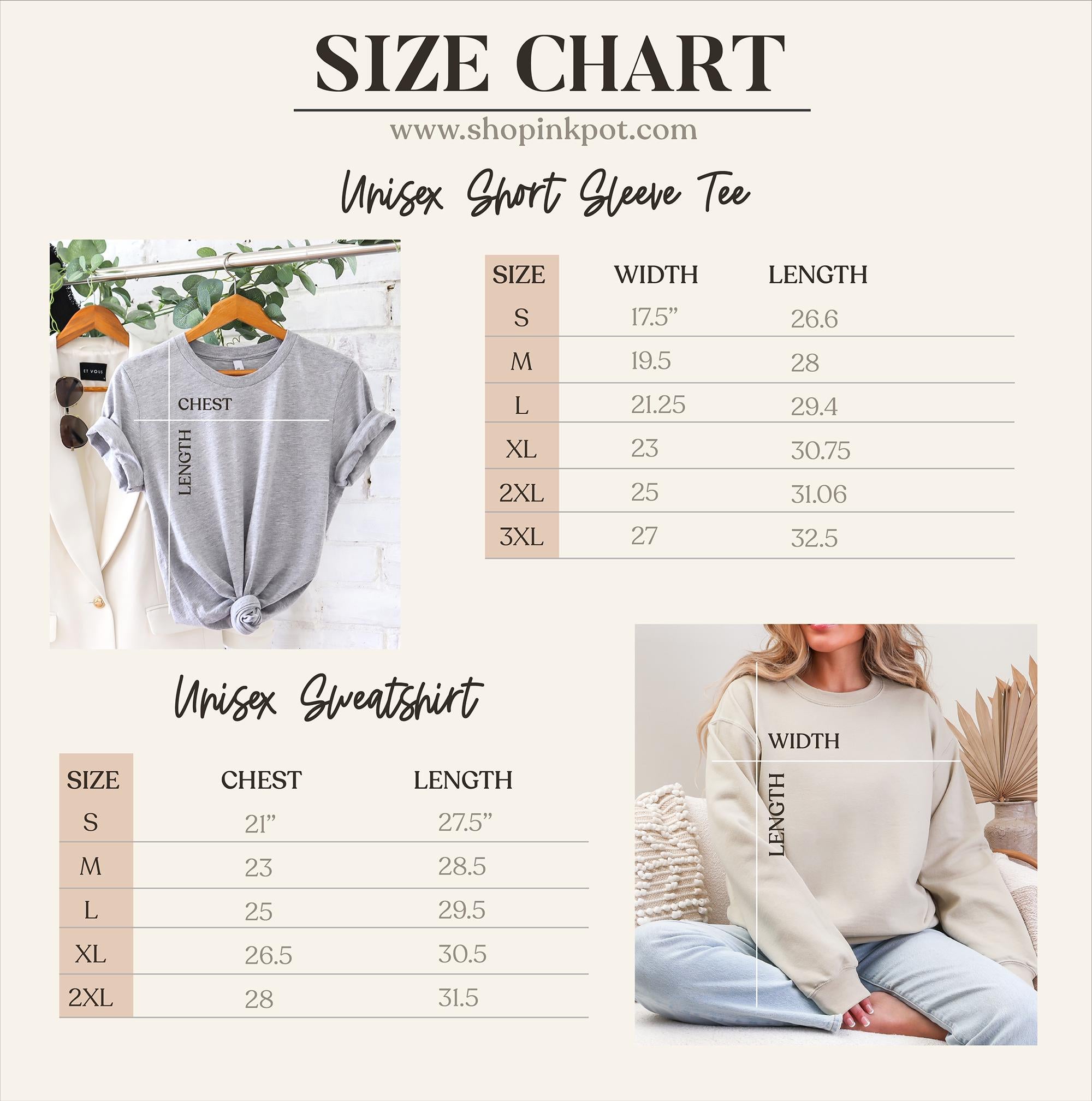 The image is a size chart for a unisex short sleeve t-shirt, including a photo of the t-shirt and a photo of a person wearing the t-shirt.