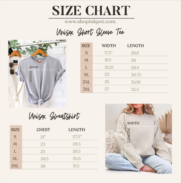 The image is a size chart for a unisex short sleeve t-shirt, including a photo of the t-shirt and a photo of a person wearing the t-shirt.