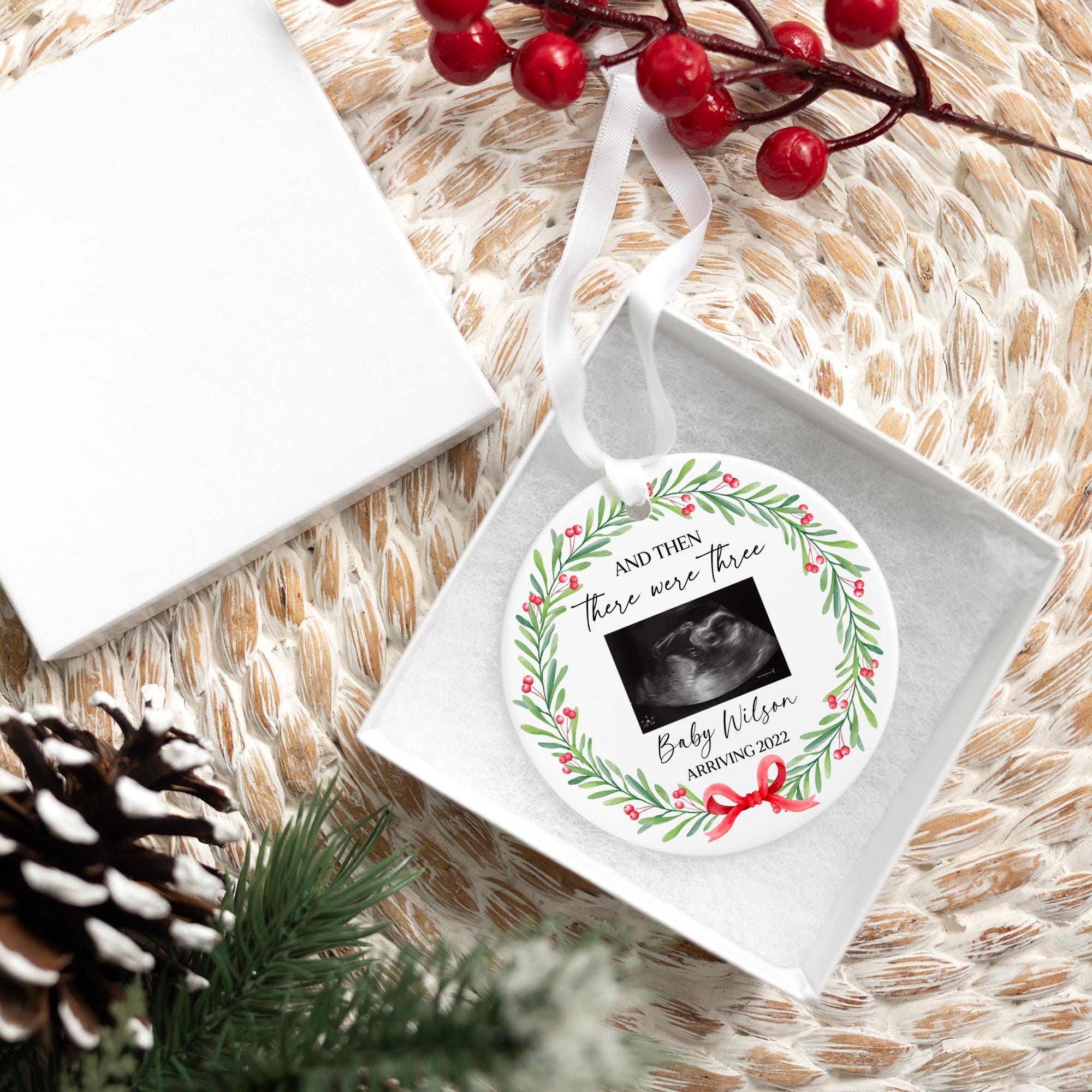 Personalized Expecting Baby Ornament 2025 | And Then There Were Three, Ceramic Sonogram Baby's First Christmas Ornament, New Baby Ornament