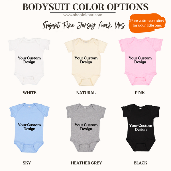 a variety of baby onesies in different colors, including white, natural, pink, black, and grey.