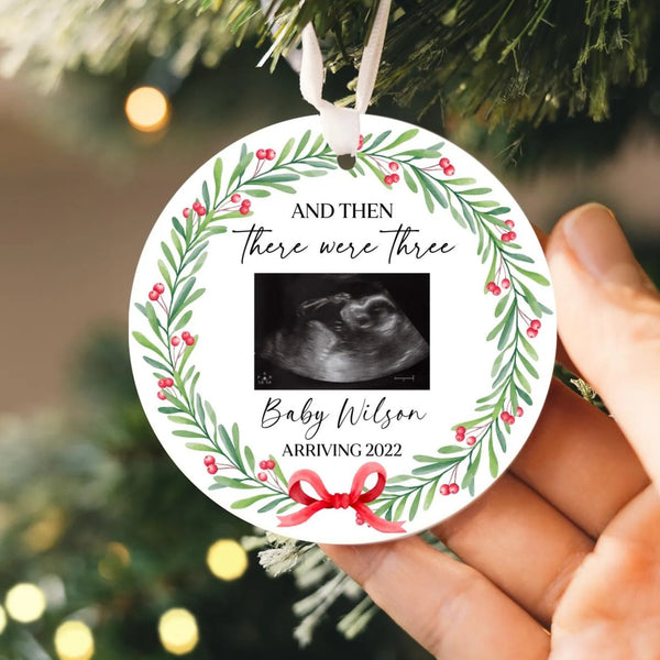Personalized Expecting Baby Ornament 2025 | And Then There Were Three, Ceramic Sonogram Baby's First Christmas Ornament, New Baby Ornament
