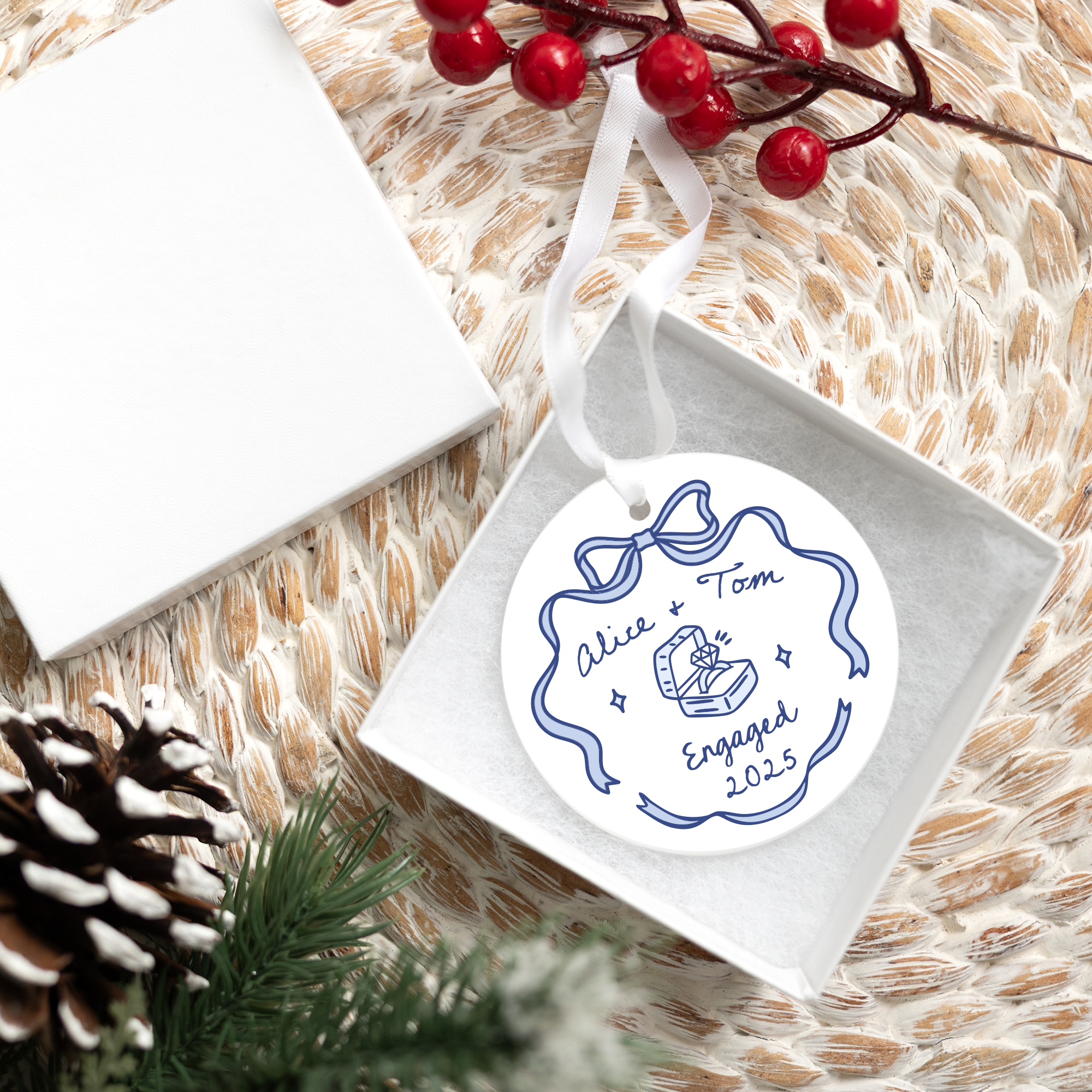 First Christmas Engaged Ornament - Personalized Couple Ceramic Keepsake