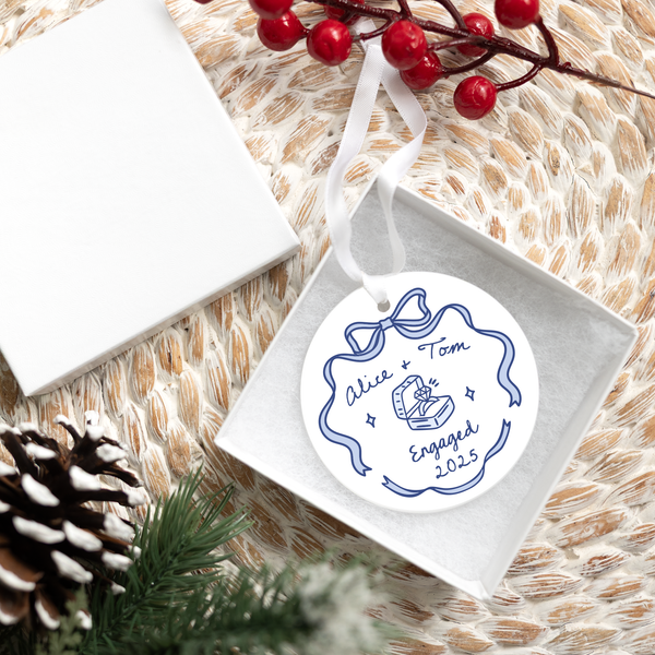 First Christmas Engaged Ornament - Personalized Couple Ceramic Keepsake