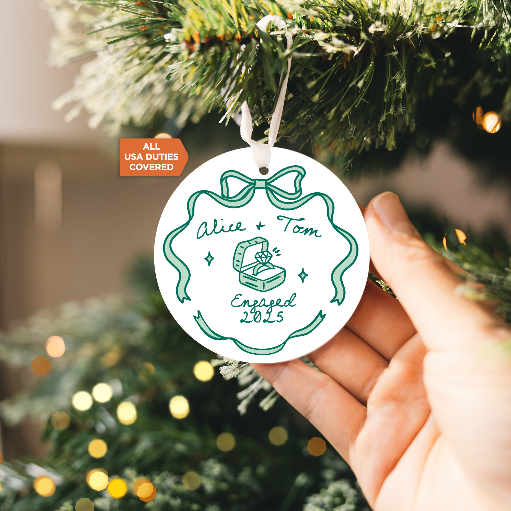 First Christmas Engaged Ornament - Personalized Couple Ceramic Keepsake