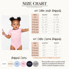 The image is a size chart for cotton white bodysuits, including a baby girl wearing a pink bodysuit. The chart provides measurements for different age groups and sizes, along with the corresponding color options.