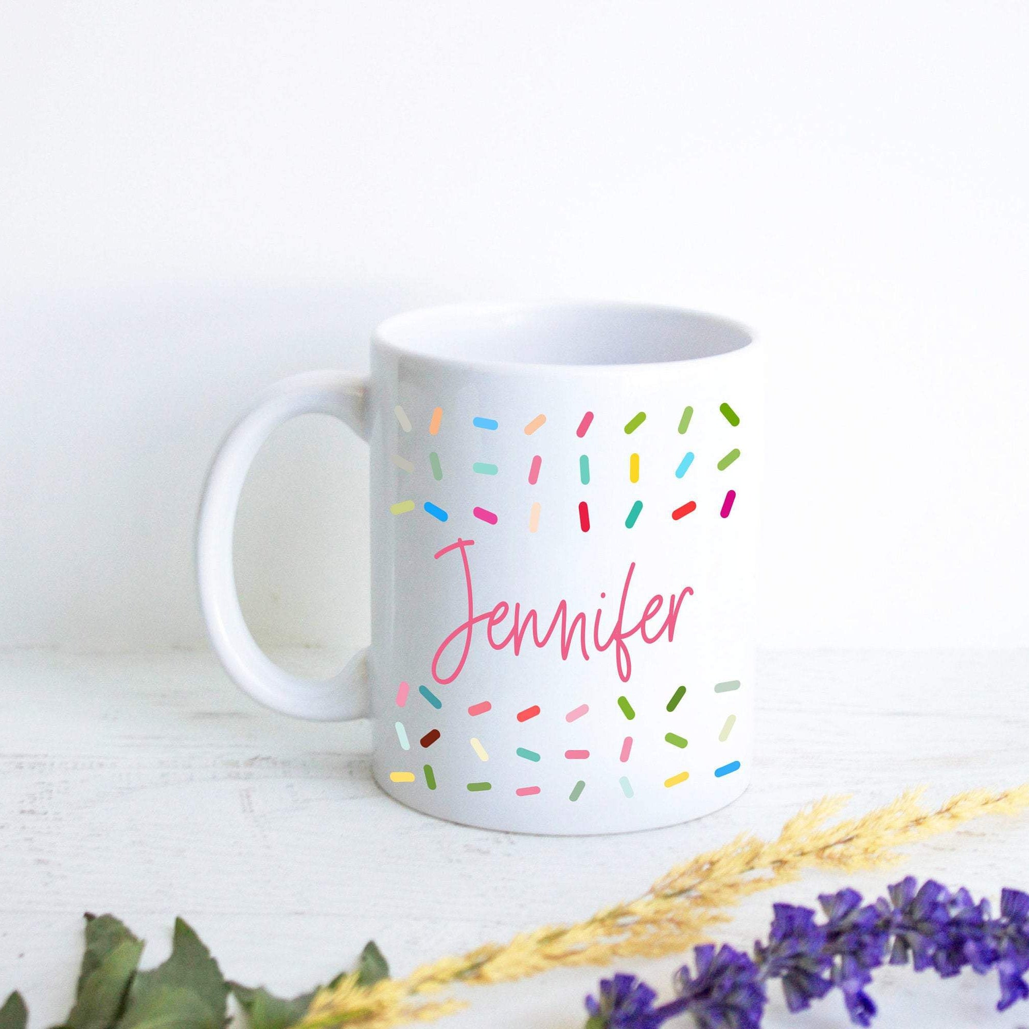 Colorful Sprinkles with Custom Name - White Ceramic Mug - Inkpot