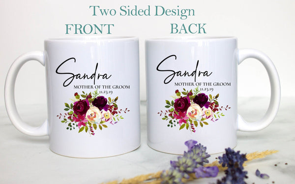 Burgundy Fall Floral Mother of the Groom Custom Name With Date - White Ceramic Mug