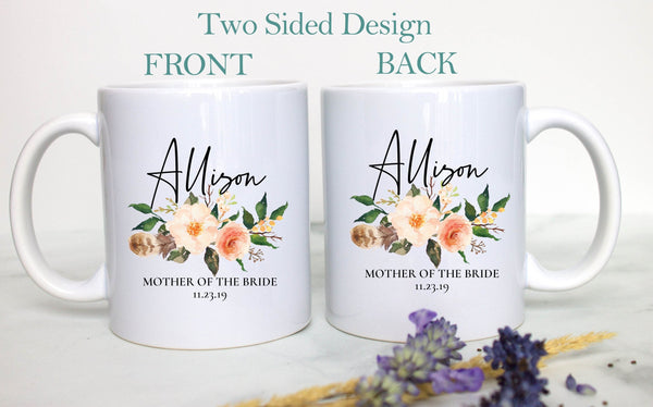 Boho Bohemian Floral Mother of the Bride Custom Name With Date - White Ceramic Mug - Inkpot