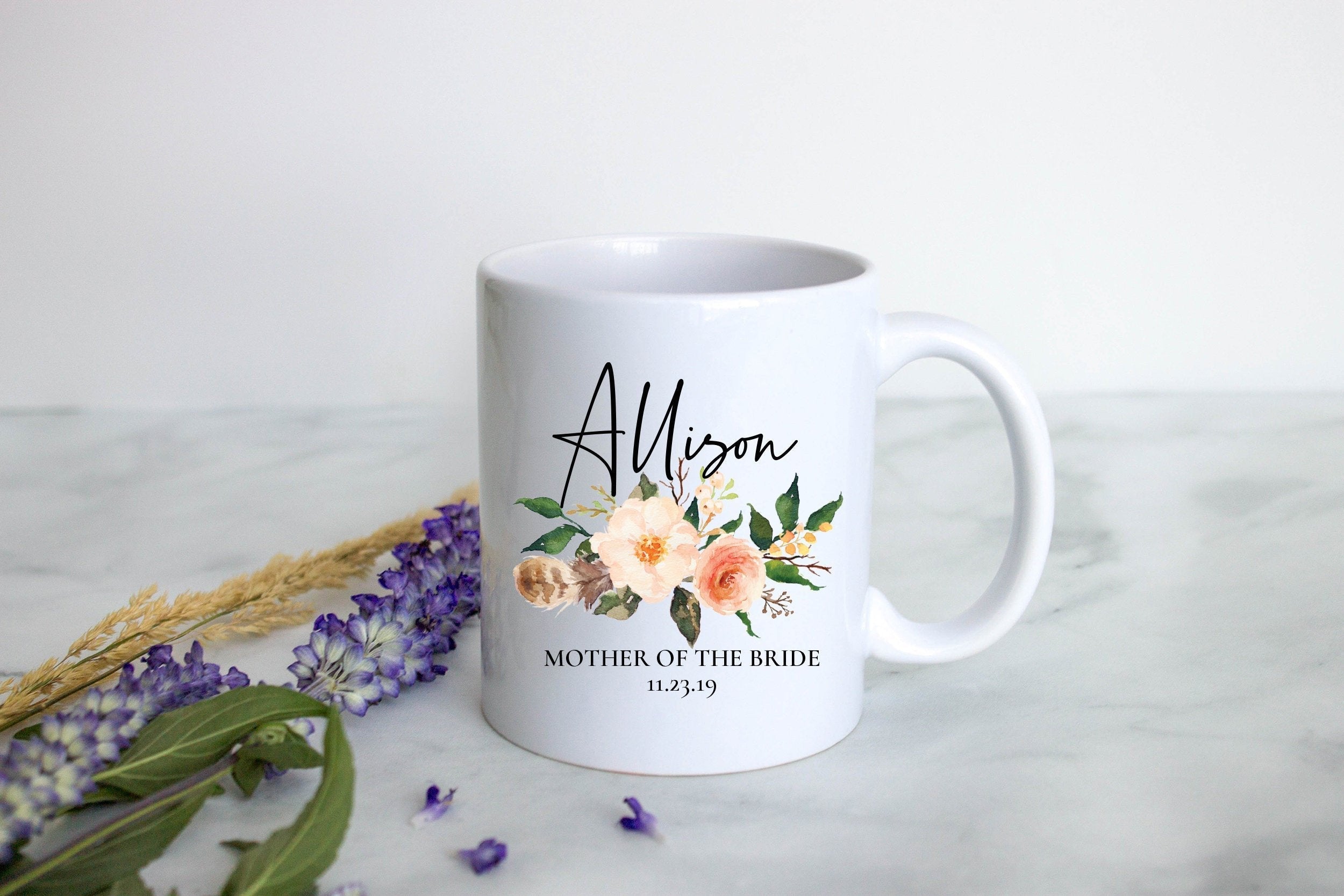 Boho Bohemian Floral Mother of the Bride Custom Name With Date - White Ceramic Mug - Inkpot