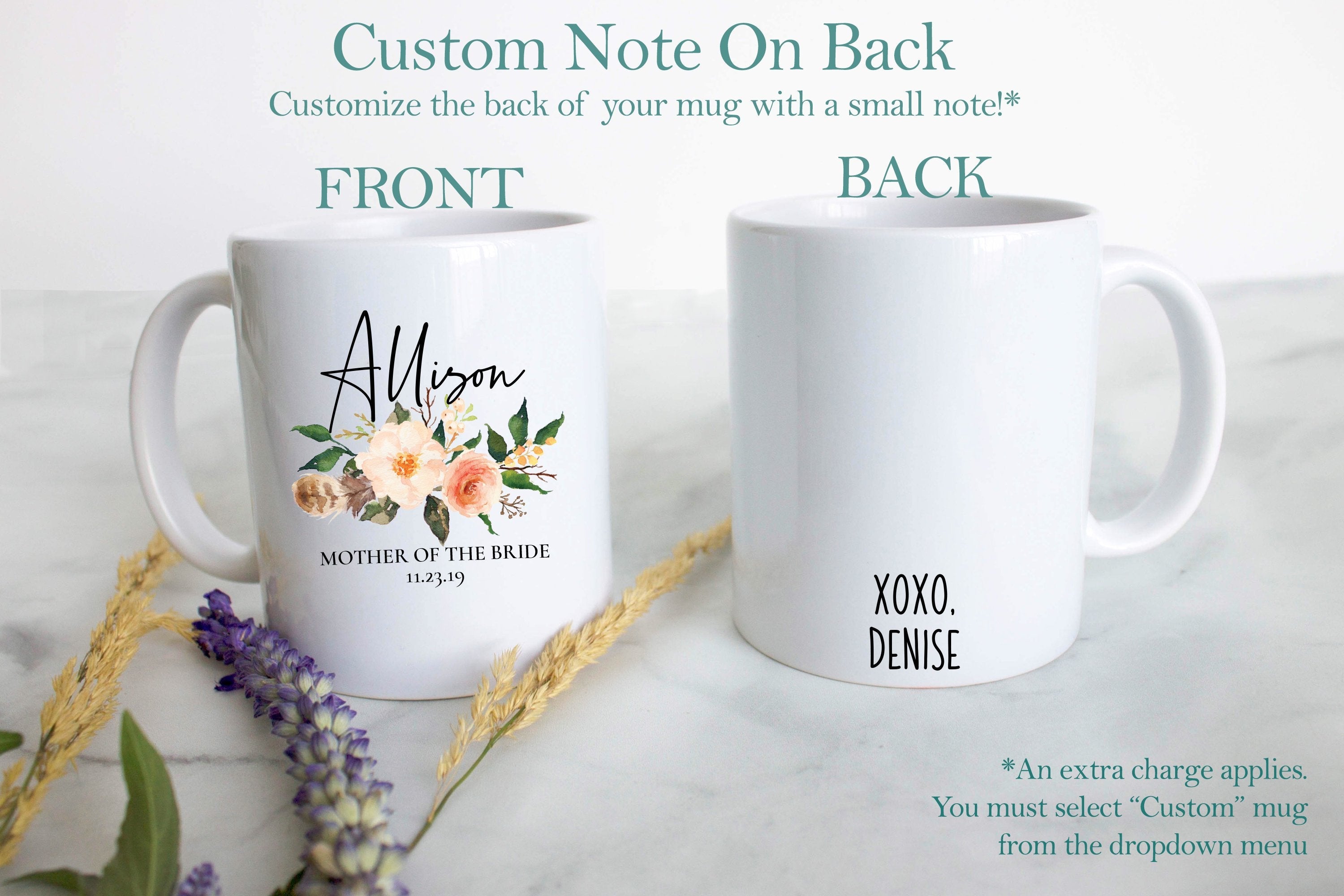 Boho Bohemian Floral Mother of the Bride Custom Name With Date - White Ceramic Mug - Inkpot