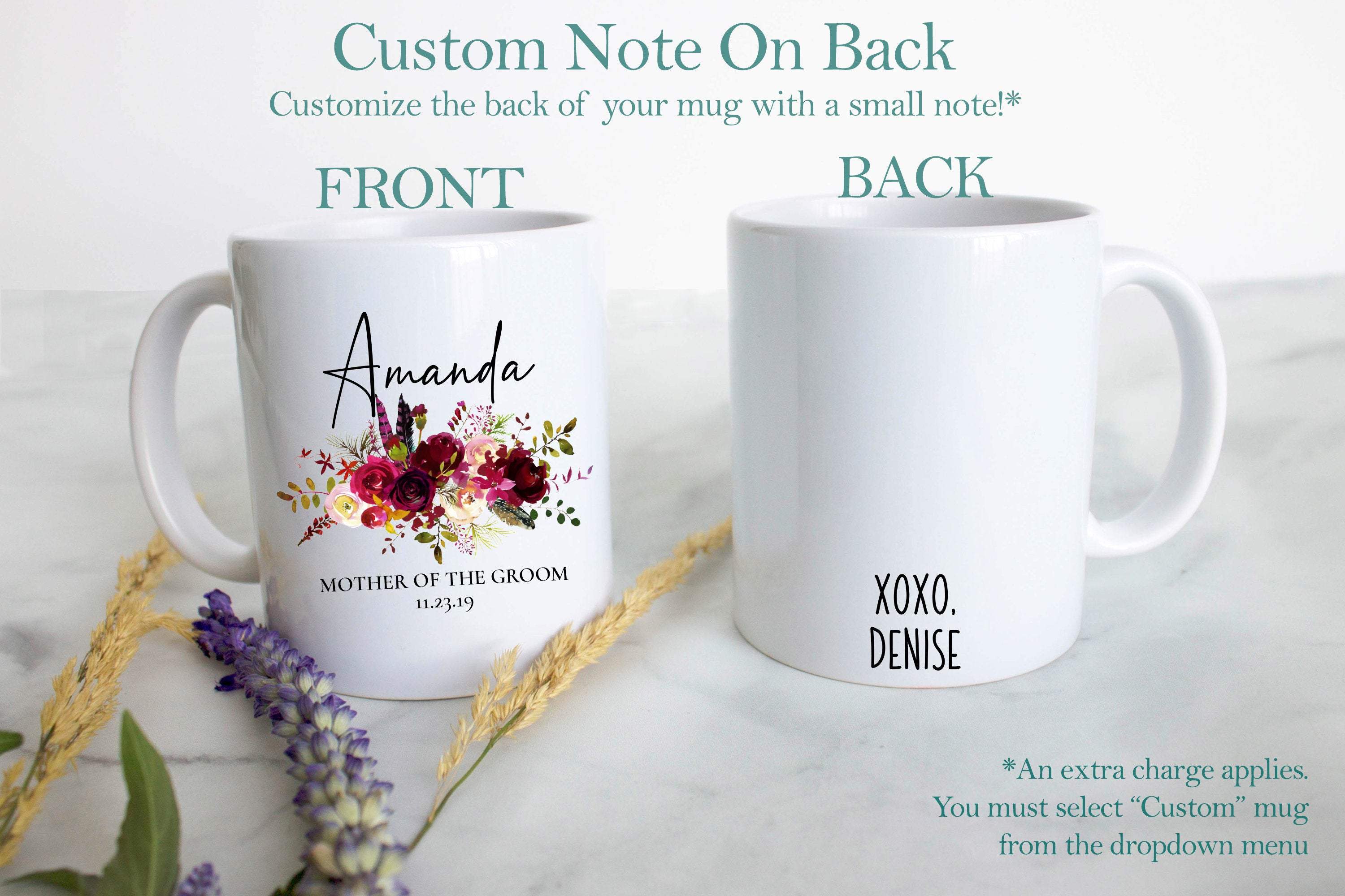 Burgundy Fall Floral Mother of the Groom Custom Name With Date - White Ceramic Mug - Inkpot