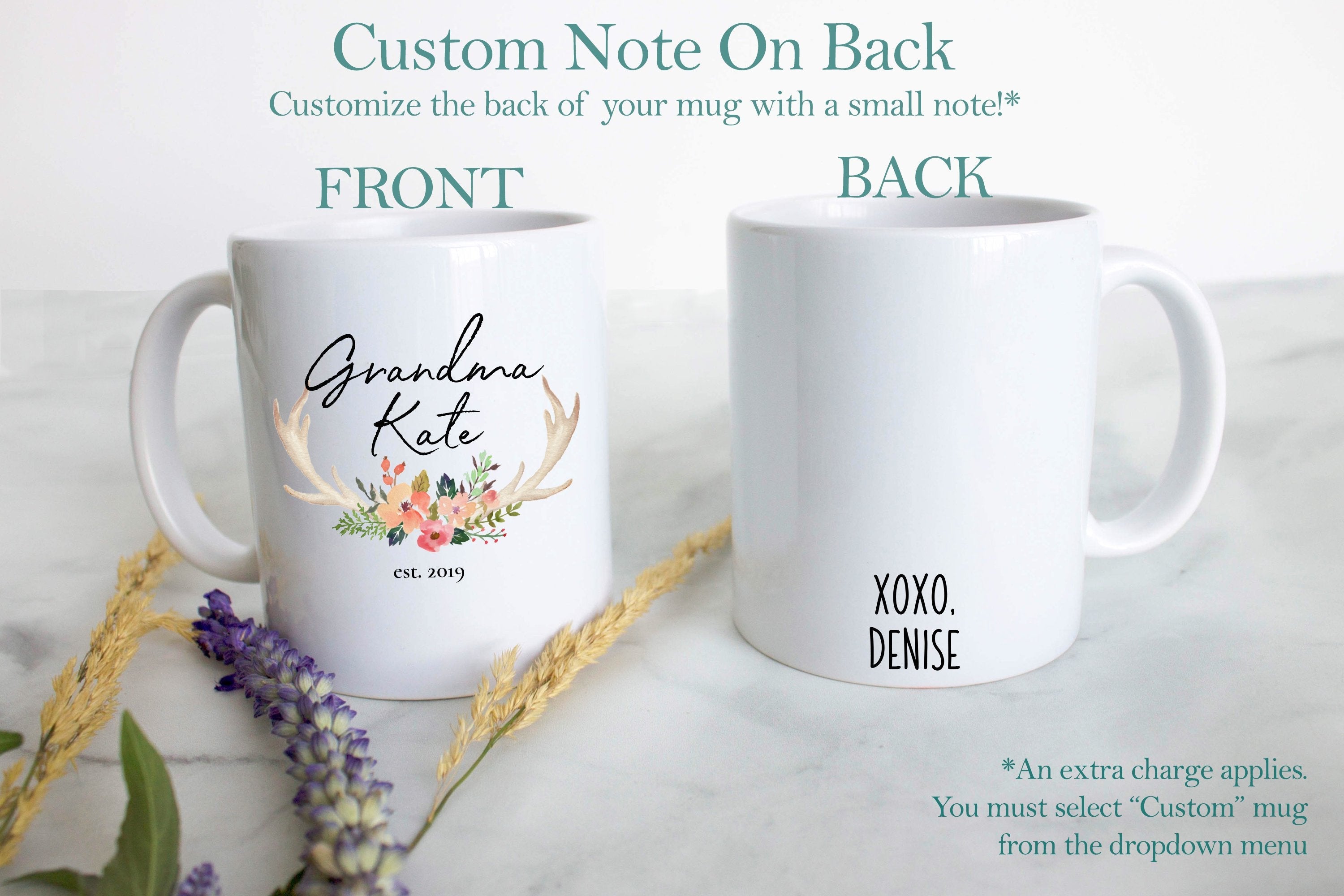 Floral Rustic Personalized Grandma Name Est Light  - White Ceramic Mug