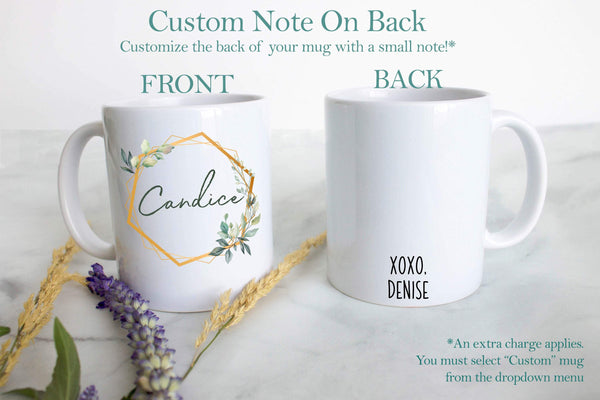 Green and Gold Floral Design with Custom Name - White Ceramic Mug - Inkpot