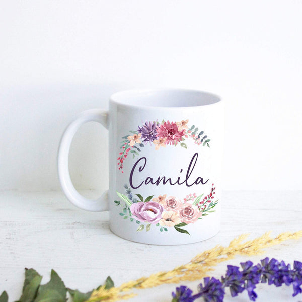 Pink and Purple Floral Wreath with Custom Name - White Ceramic Mug - Inkpot