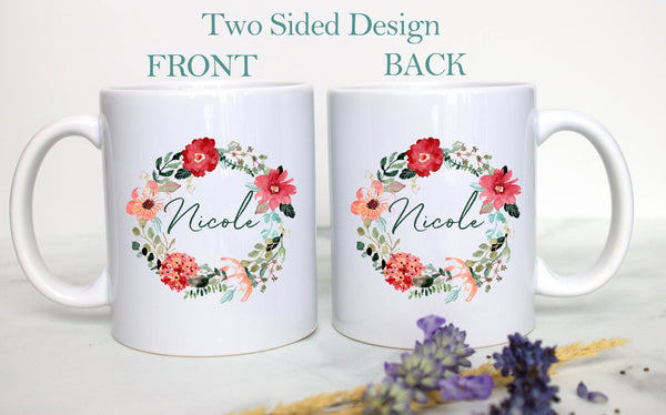 Red Floral Floral Wreath with Custom Name - White Ceramic Mug - Inkpot