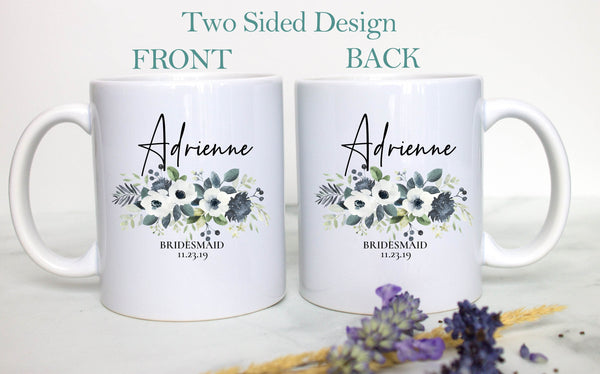 Blue Floral Bridesmaid Custom Name With Date  - White Ceramic Mug - Inkpot