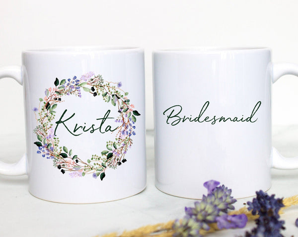 Wildflower Lavender Floral Bridesmaid Custom Name - White Ceramic Mug