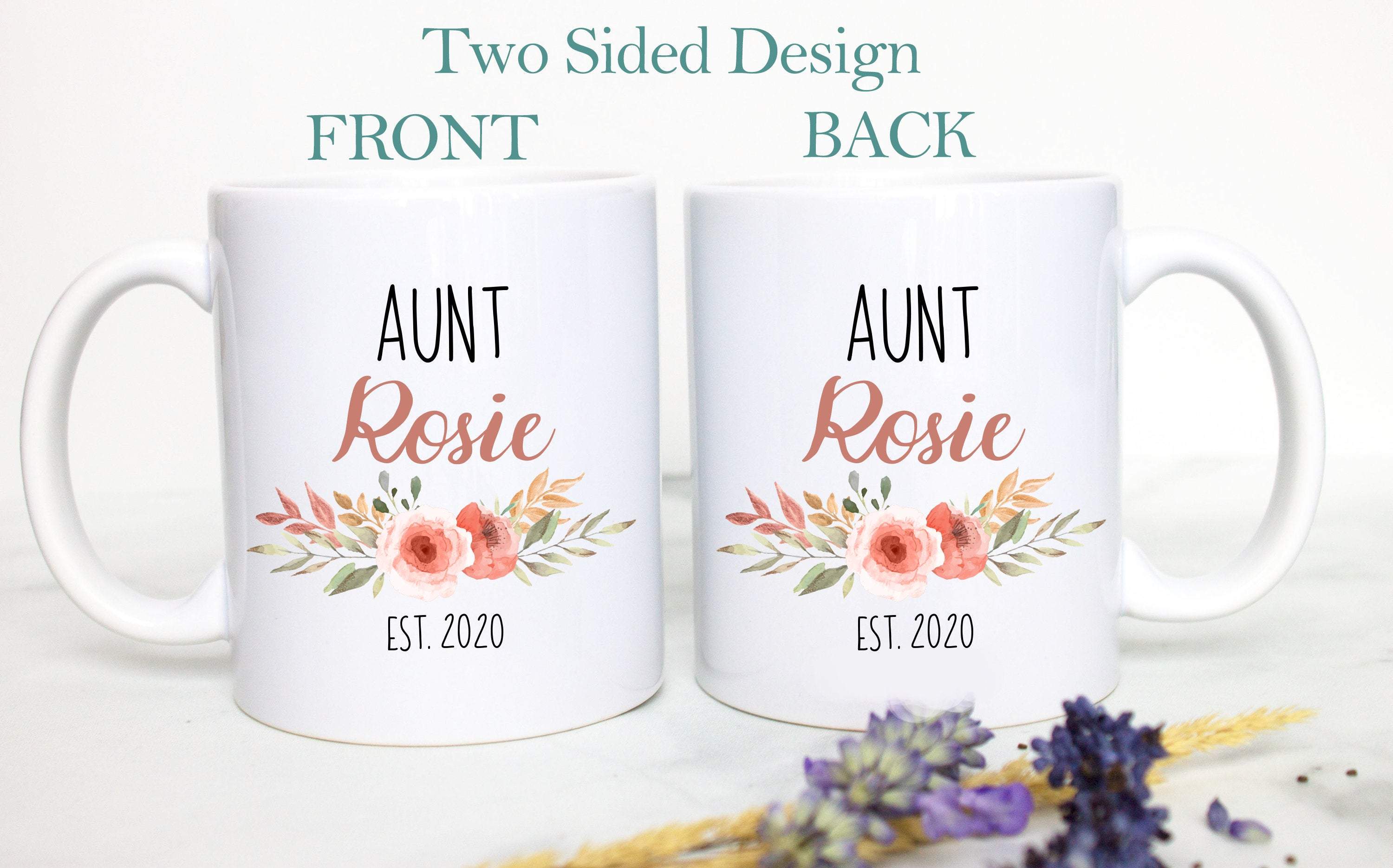 Personalized Aunt Name Peach Floral  - White Ceramic Mug - Inkpot