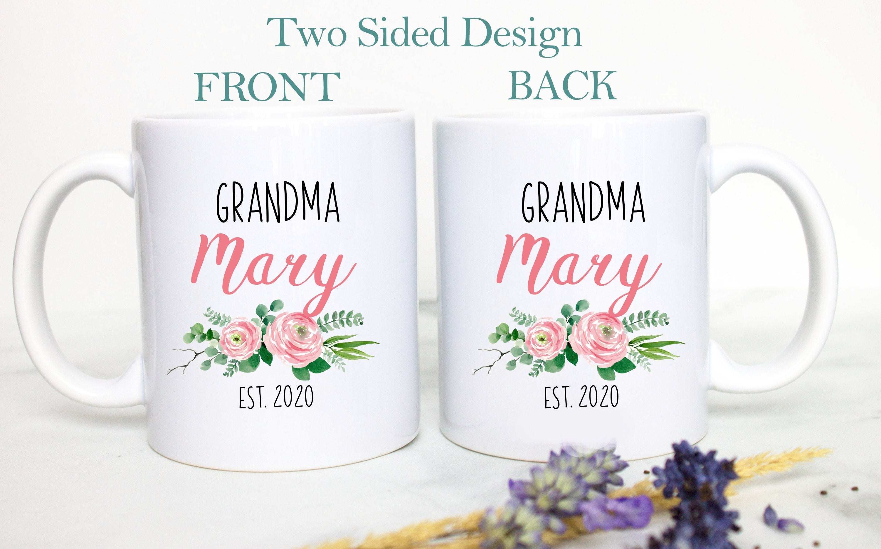 Pink Floral Personalized Grandma Name EST - White Ceramic Mug