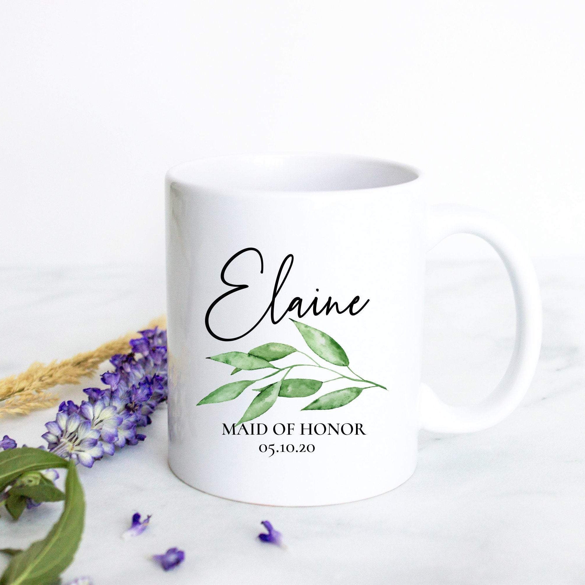 Greenery Eucalyptus Leaf Custom Name - White Ceramic Mug - Inkpot