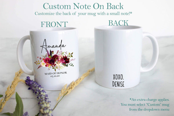 Burgundy Fall Boho Floral Bridesmaid Custom Name With Date - White Ceramic Mug