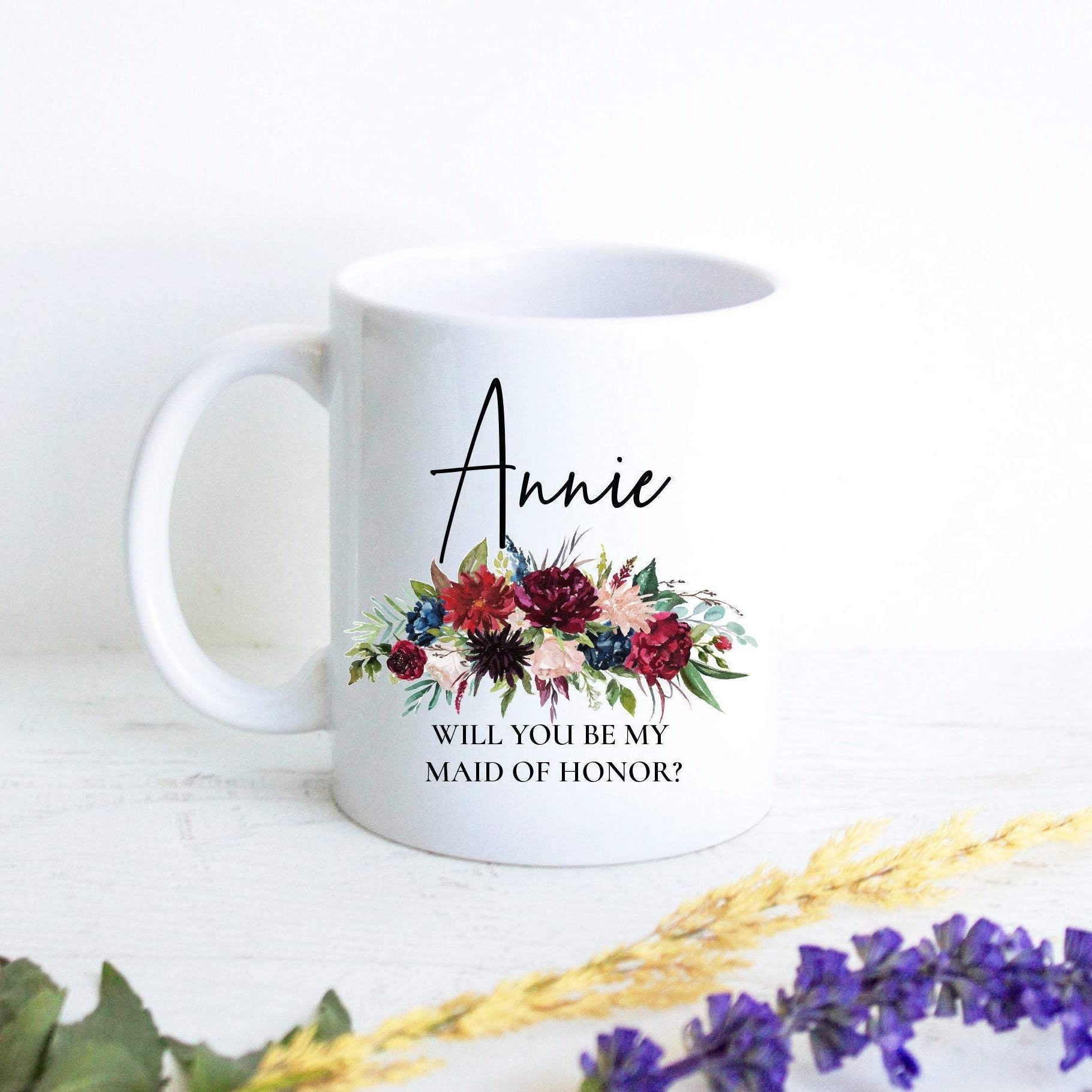 Burgundy Floral Bridesmaid Custom Name - White Ceramic Mug - Inkpot