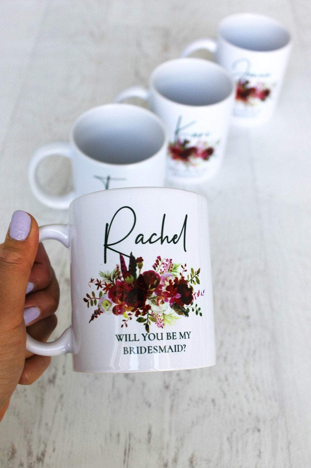 Burgundy Fall Boho Floral Bridesmaid Custom Name With Date - White Ceramic Mug