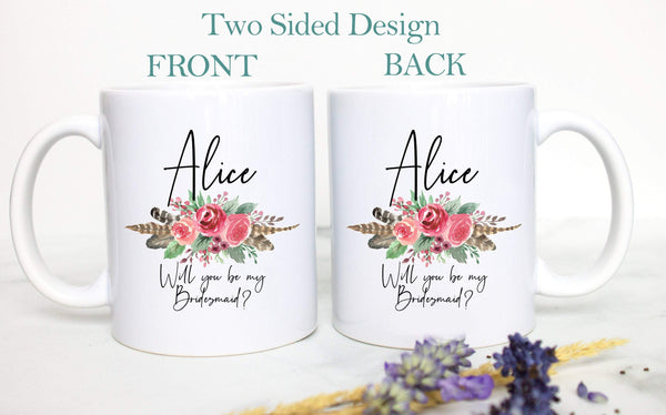 Bohemian Boho Floral Will You Be My Bridesmaid Custom Name - White Ceramic Mug - Inkpot