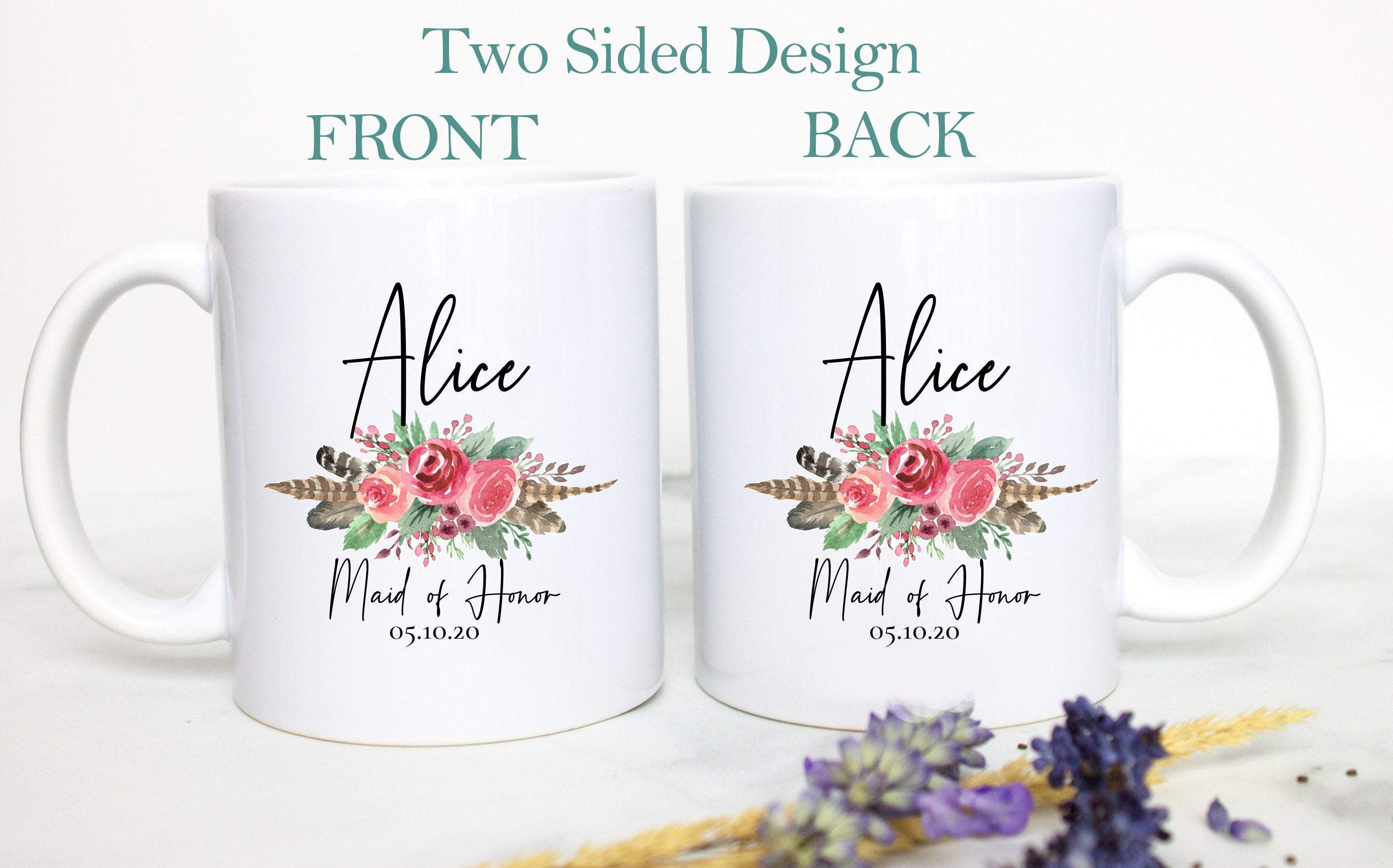 Bohemian Boho Floral Maid of Honor Custom Name With Date - White Ceramic Mug - Inkpot