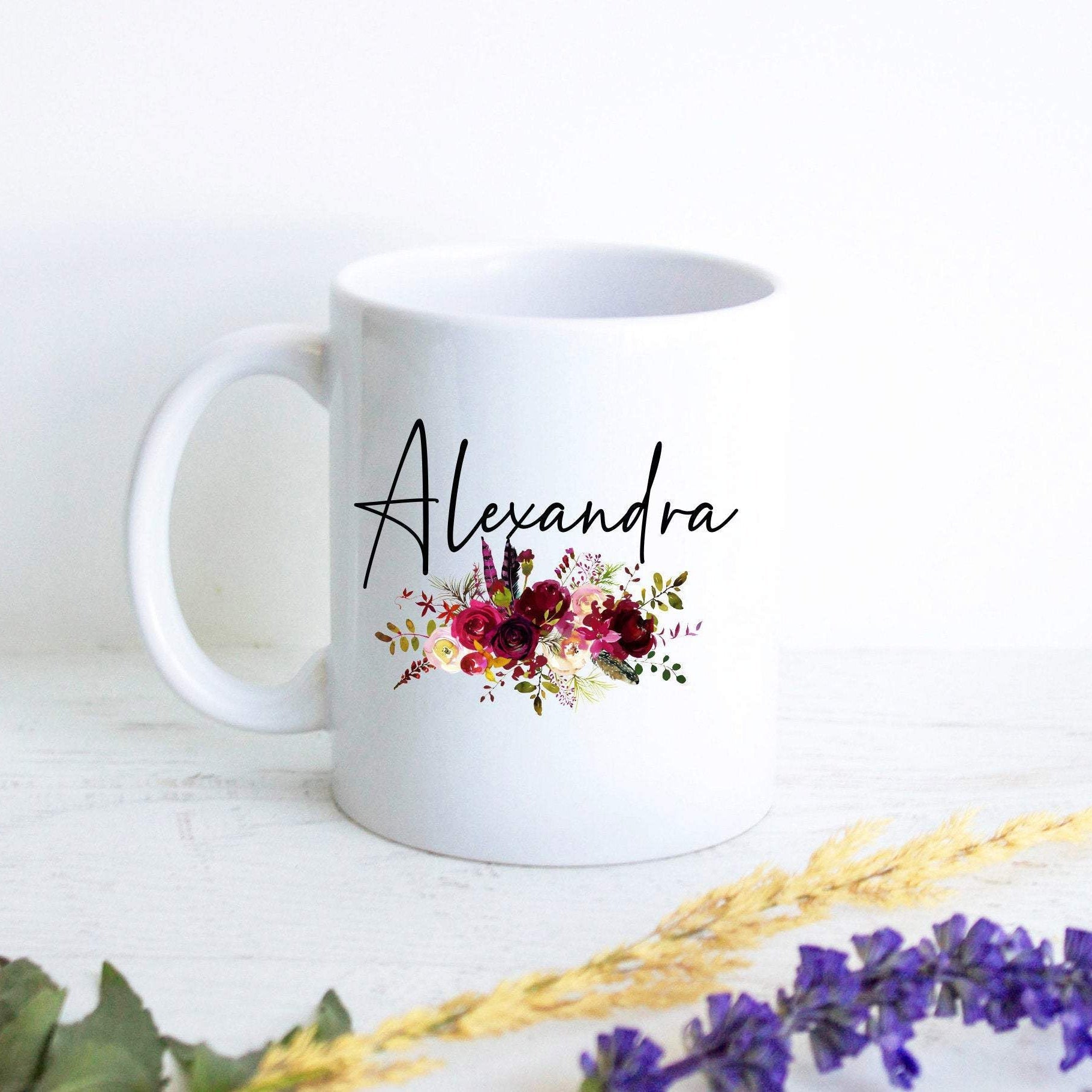 Red Floral with Custom Name - White Ceramic Mug