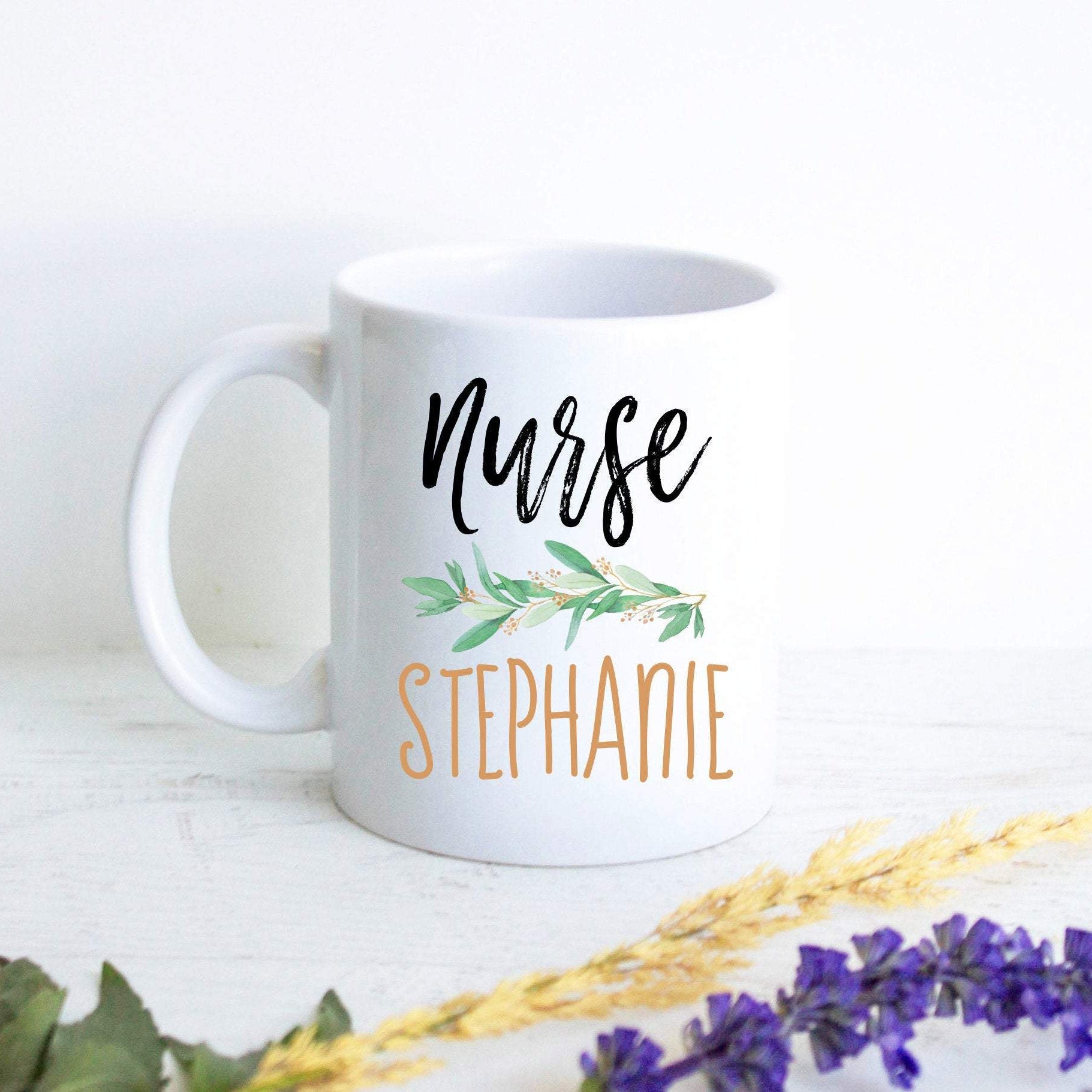 Nurse Greenery Monogram With Custom Name - White Ceramic Mug