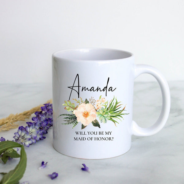 Boho Bohemian Succulent Floral Bridesmaid Custom Name With Date - White Ceramic Mug