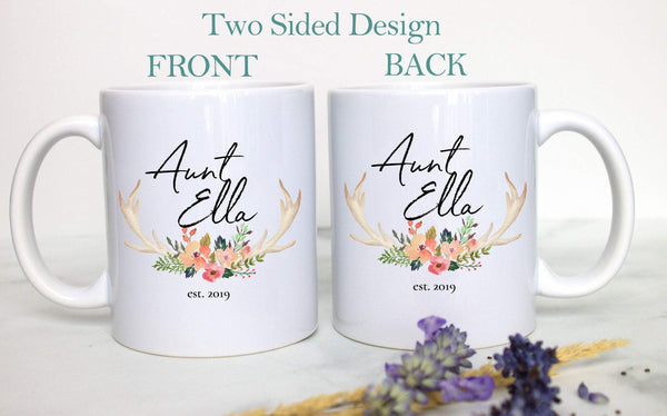 Floral Light Rustic Personalized Aunt Name - White Ceramic Mug