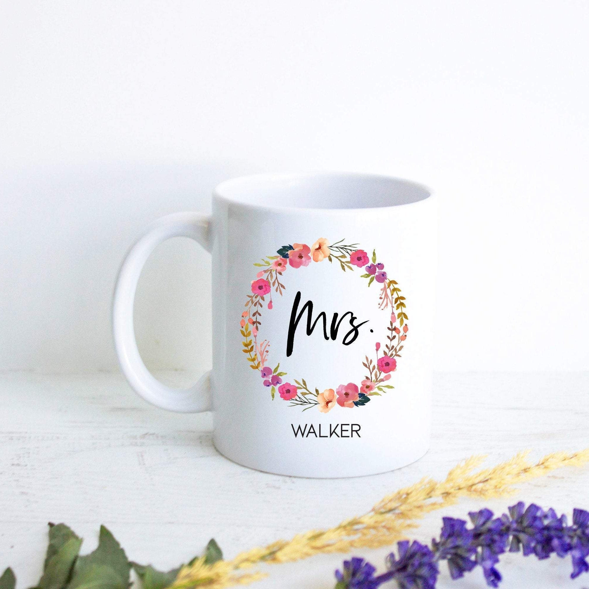 Floral Wreath Married Mrs. Mug Custom Name - White Ceramic Mug - Inkpot