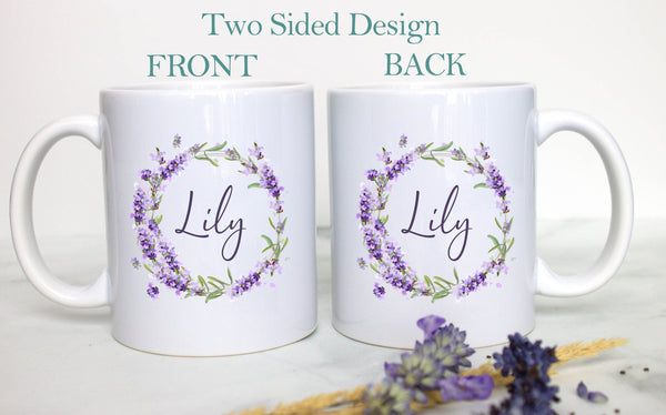 Elegant Floral Lavender with Custom Name - White Ceramic Mug