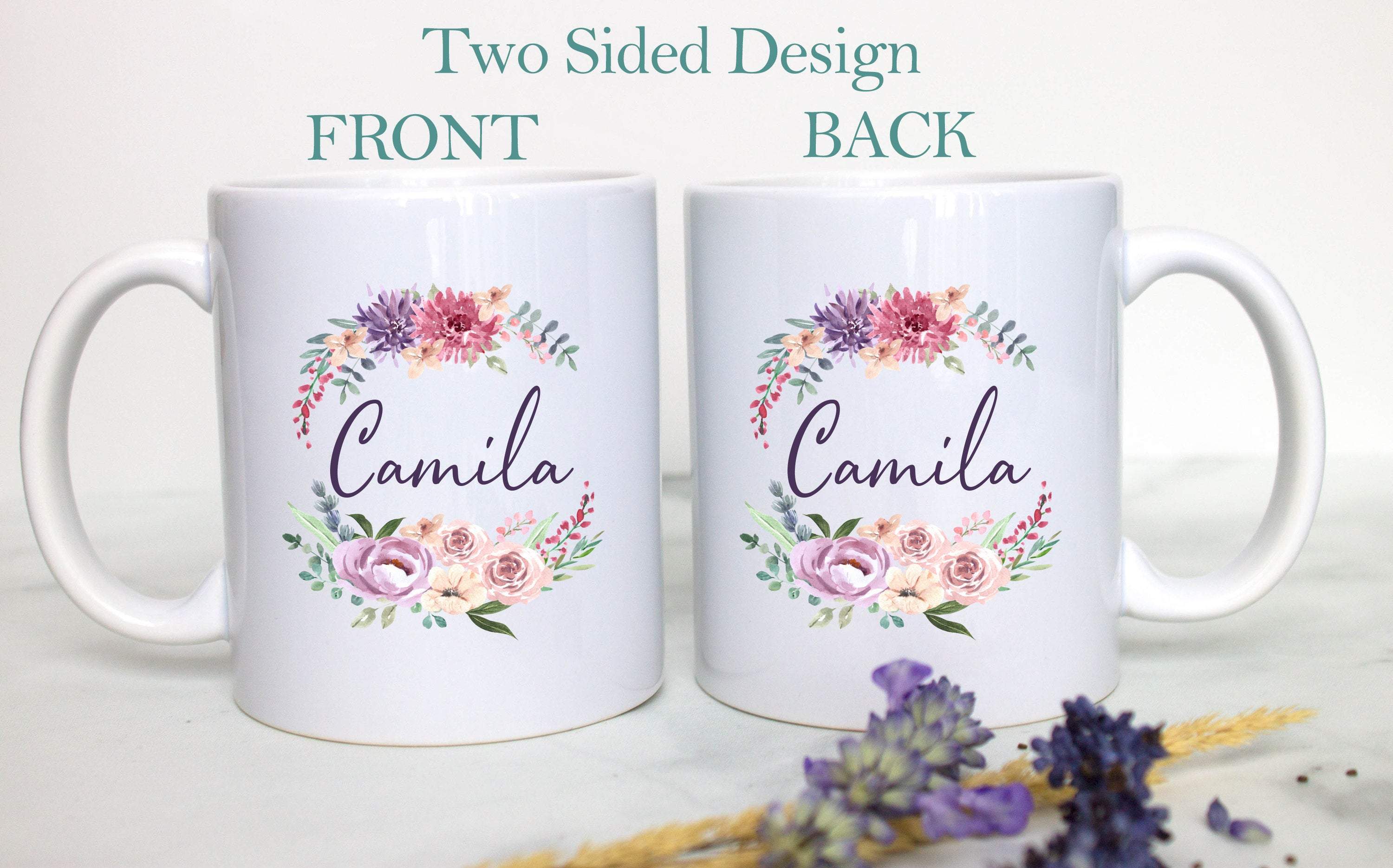 Pink and Purple Floral Wreath with Custom Name - White Ceramic Mug - Inkpot