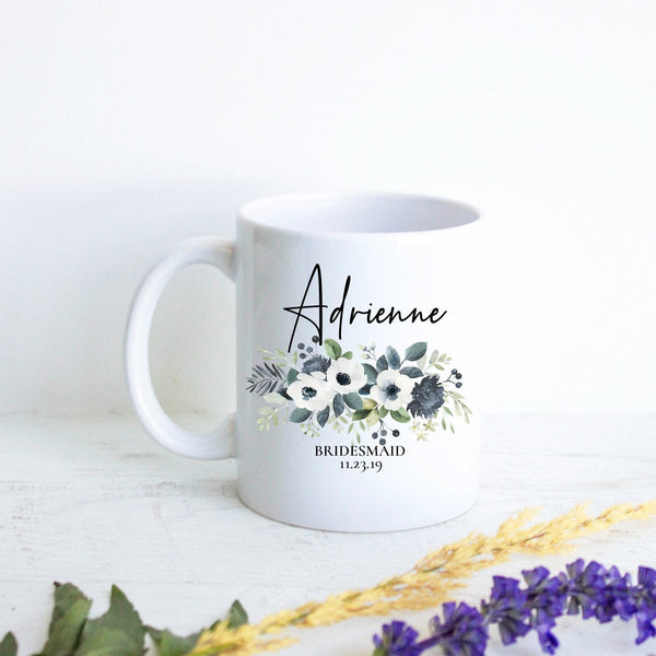 Blue Floral Bridesmaid Custom Name With Date  - White Ceramic Mug - Inkpot