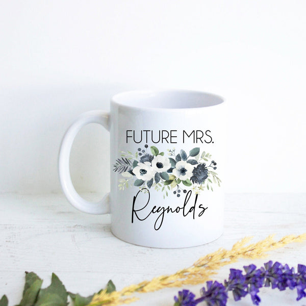 Future Mrs. Blue Floral Custom Name - White Ceramic Mug