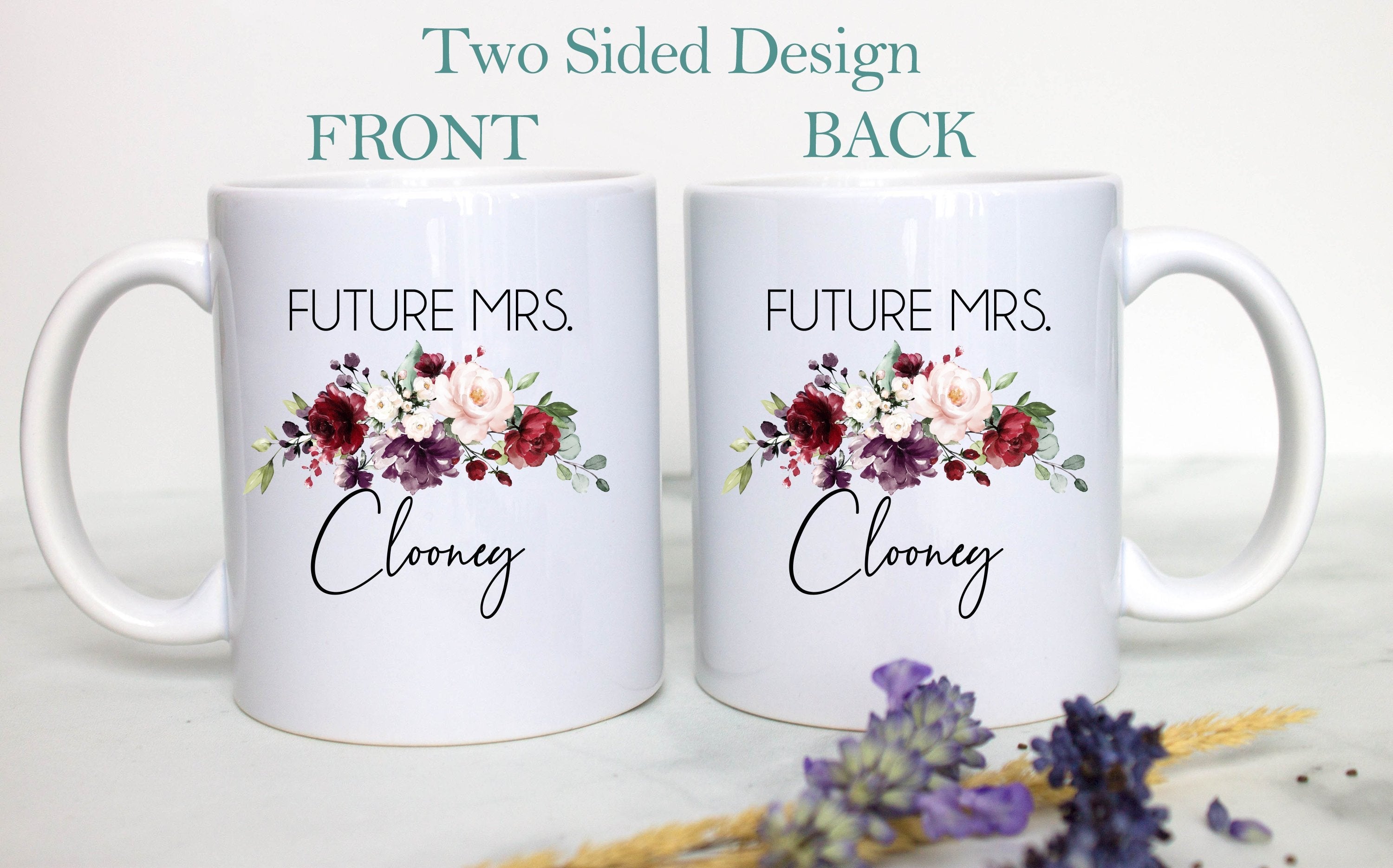 Future Mrs. Fall Burgundy Rose Floral Custom Name - White Ceramic Mug