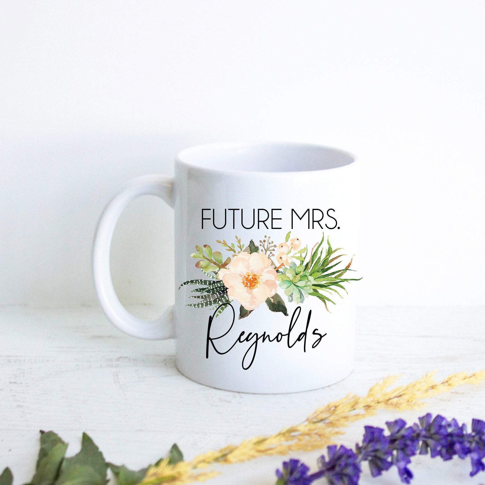 Future Mrs. Bohemian Succulent Custom Name - White Ceramic Mug