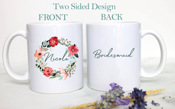 Autumn Red Floral Bridesmaid with Custom Name - White Ceramic Mug