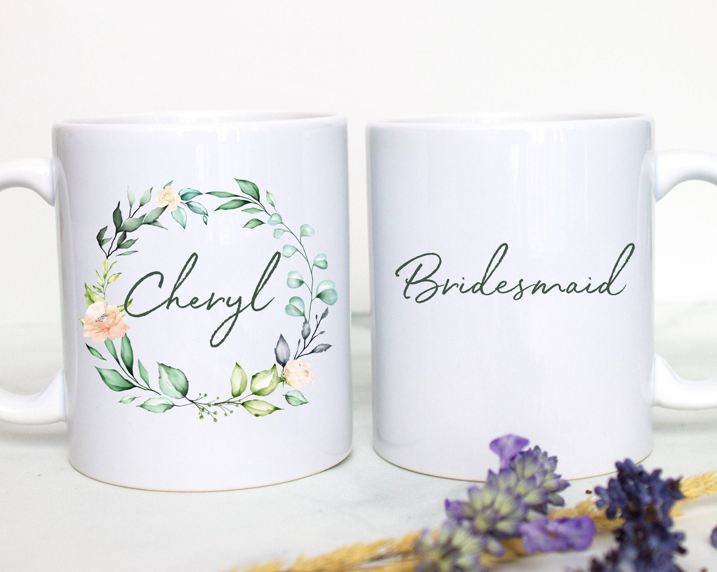 Floral and Green Leaves Bridesmaid Custom Name With Date - White Ceramic Mug