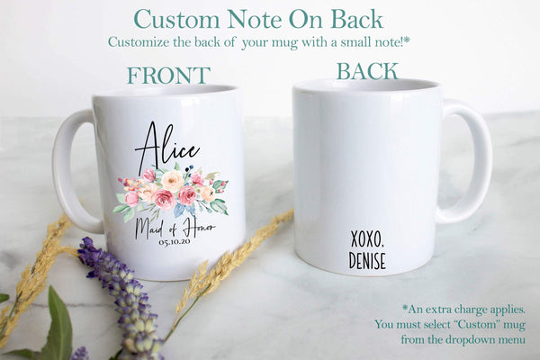 Peach Floral Bridesmaid Custom Name and Date - White Ceramic Mug - Inkpot