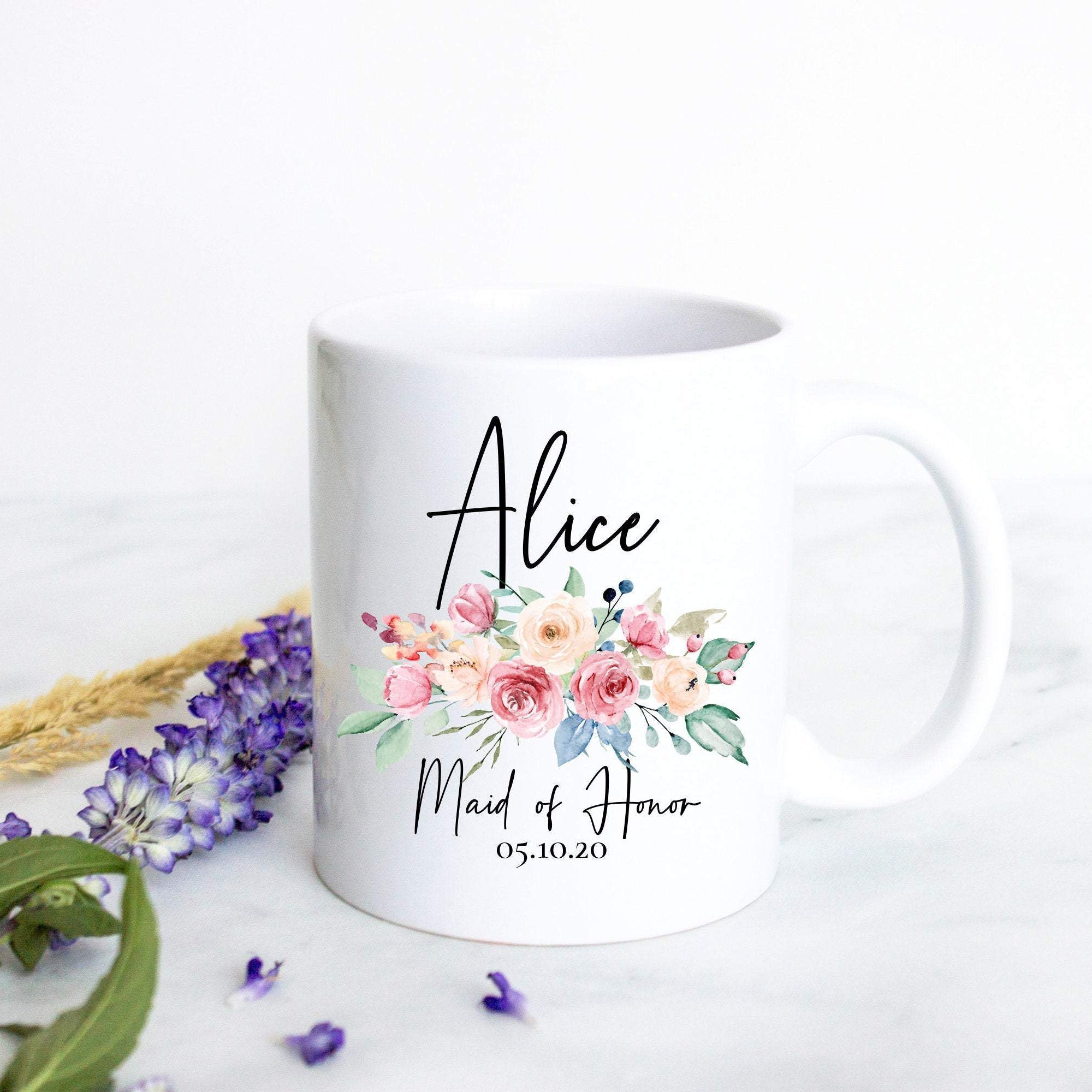 Peach Floral Bridesmaid Custom Name and Date - White Ceramic Mug - Inkpot