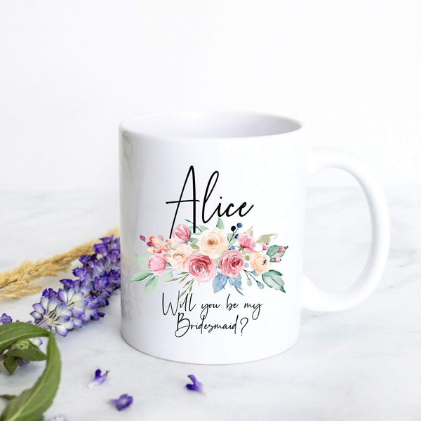 Peach Floral Will You Be My Bridesmaid Custom Name and Date - White Ceramic Mug - Inkpot